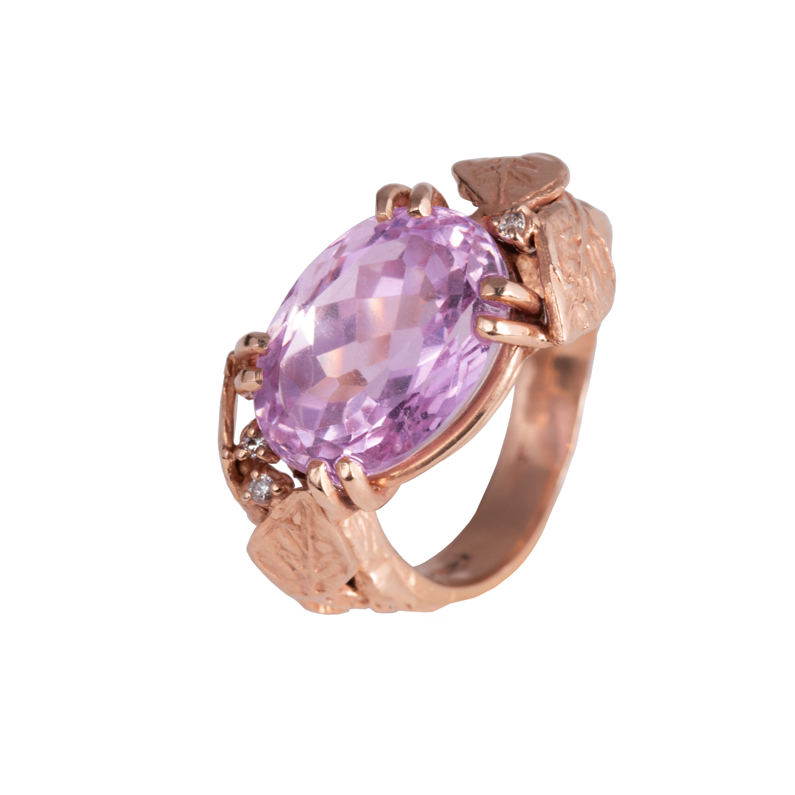anello foglie oro rosa 18kt_ kunzite e diamanti 1