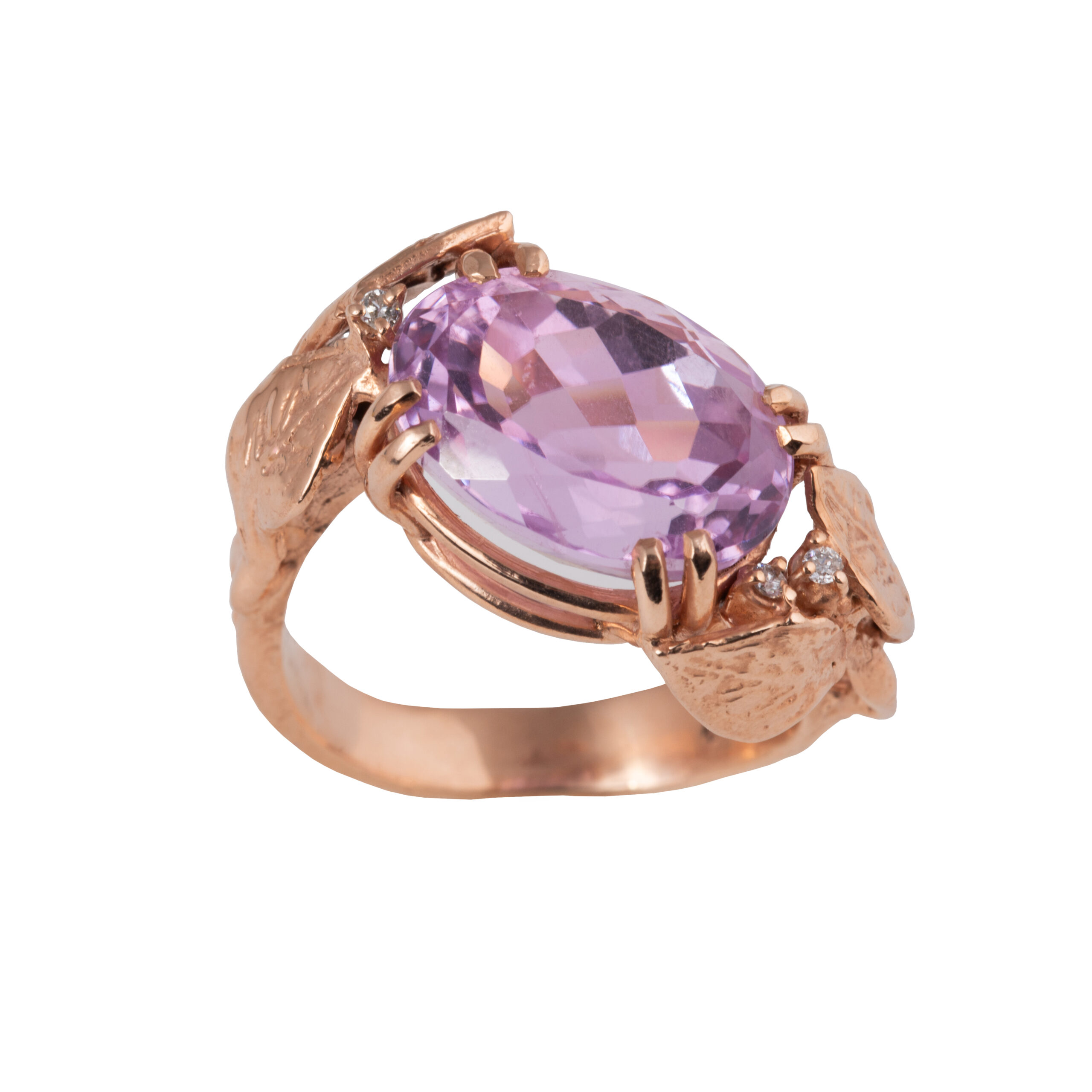 anello foglie oro rosa 18kt_ kunzite e diamanti 2